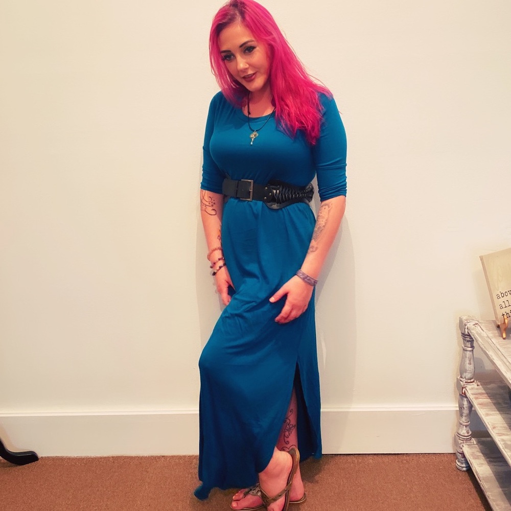 TEAL BLUE 3/4 sleeve maxi dress with pockets M L XL - Picture 4 of 7